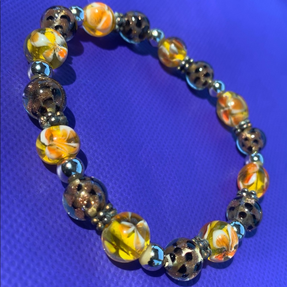 Beautiful orange gold and brown 8” glass bead bracelet/ankle bracelet